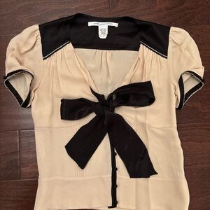 Diane von Furstenberg Black and Blush Blouse with Bow